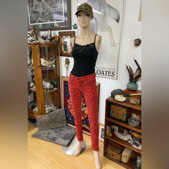 Orangish-Red Skinny Jeans with Black Leopard Spots - Picture 5 of 11